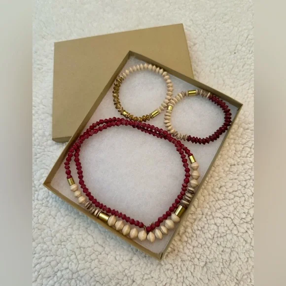 Boho Beaded Necklace & Bracelet Set | Wine, Cream & Gold | Stackable Jewelry Set - Picture 3 of 4